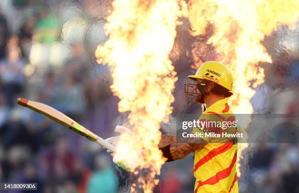 Alex Hales of Trent Rockets Men makes their way out to bat during The Hundred match between Southern Brave Men and Trent Rockets Men at Ageas Bowl on...