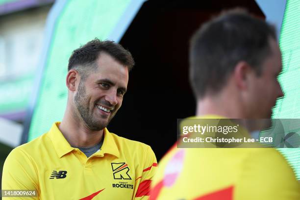 Alex Hales of Trent Rockets Men makes their way out to bat during The Hundred match between Southern Brave Men and Trent Rockets Men at Ageas Bowl on...