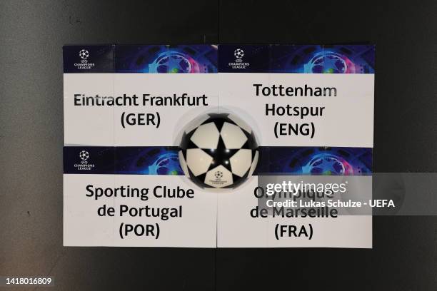 The cards of the teams in Group D are seen after the UEFA Champions League 2022/23 Group Stage Draw at Halic Congress Centre on August 25, 2022 in...