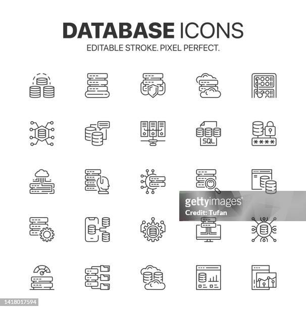 ilustraciones, imágenes clip art, dibujos animados e iconos de stock de conjunto de iconos de base de datos. paquete de iconos sql de línea. símbolo de sistema, acceso, servidor, copia de seguridad y base de datos relacional - network server