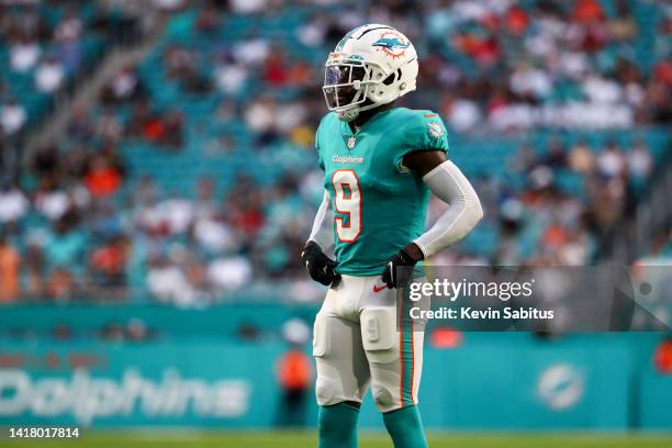 Noah Igbinoghene of the Miami Dolphins looks on during a preseason NFL football game against the Las Vegas Raiders at Hard Rock Stadium on August 20,...