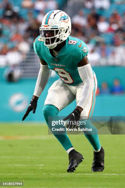 Noah Igbinoghene of the Miami Dolphins drops into pass coverage during a preseason NFL football game against the Las Vegas Raiders at Hard Rock...