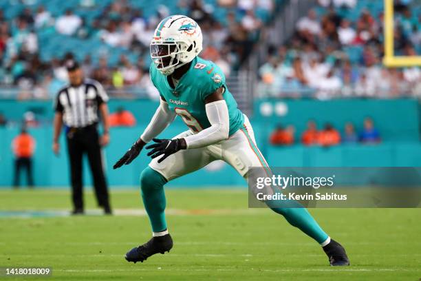 Noah Igbinoghene of the Miami Dolphins drops into pass coverage during a preseason NFL football game against the Las Vegas Raiders at Hard Rock...