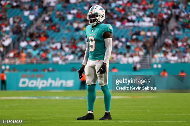 Noah Igbinoghene of the Miami Dolphins looks on during a preseason NFL football game against the Las Vegas Raiders at Hard Rock Stadium on August 20,...