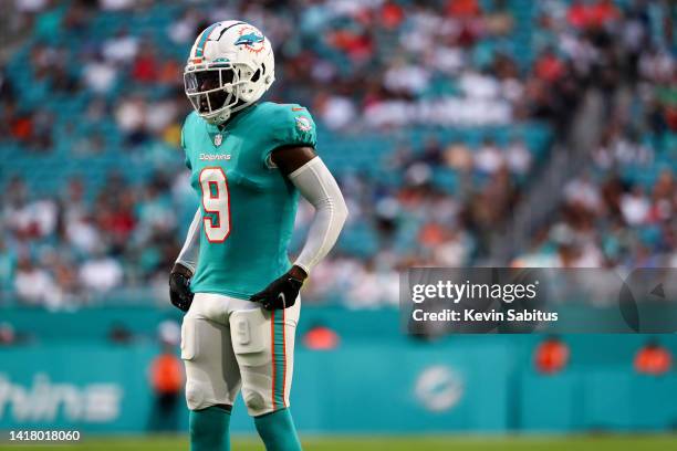 Noah Igbinoghene of the Miami Dolphins looks on during a preseason NFL football game against the Las Vegas Raiders at Hard Rock Stadium on August 20,...