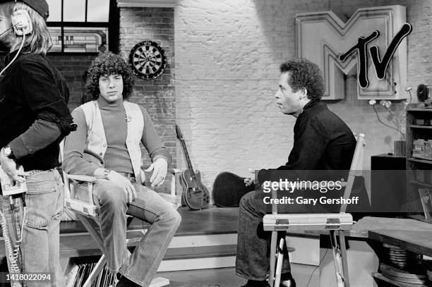 American VJ Mark Goodman interviews Rock & Blues musician Garland Jeffreys on MTV at Teletronic Studios, New York, New York, October 20, 1981.