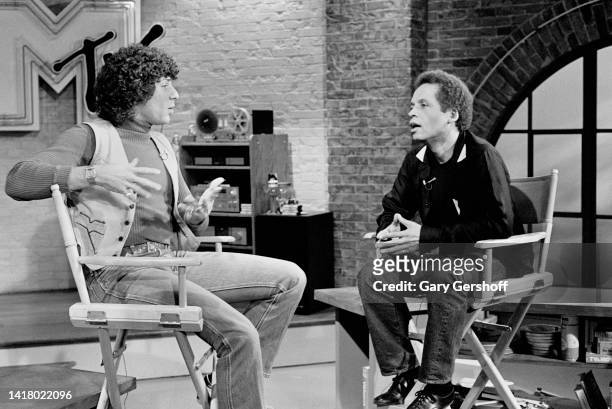American VJ Mark Goodman interviews Rock & Blues musician Garland Jeffreys on MTV at Teletronic Studios, New York, New York, October 20, 1981.