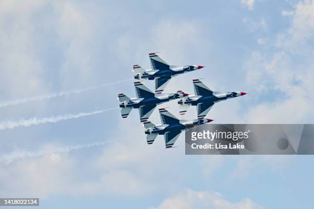 Thunderbirds perform a demonstration of flyover maneuvers during the Atlantic City Airshow on August 24, 2022 in Atlantic City, New Jersey.
