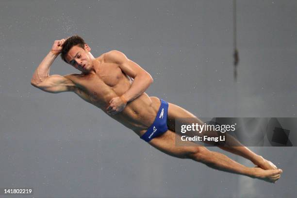 Tom Daley of Great Britain competes in the Men's 10m Platform Final during day two of the FINA/Midea Diving World Series 2012 Beijing Station at the...