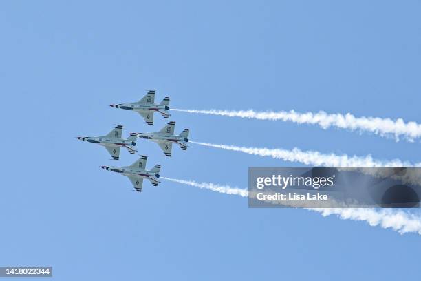 Thunderbirds perform a demonstration of flyover maneuvers during the Atlantic City Airshow on August 24, 2022 in Atlantic City, New Jersey.