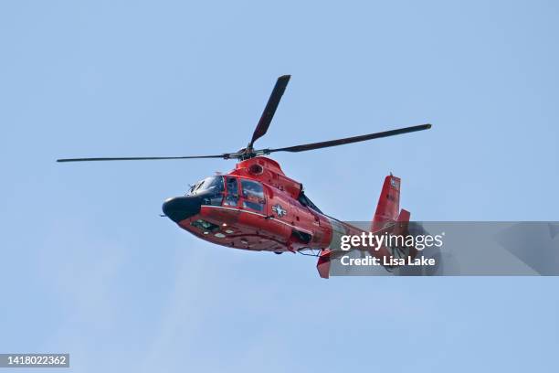 Coast Guard Search and Rescue helicopter demonstration during the Atlantic City Airshow on August 24, 2022 in Atlantic City, New Jersey.