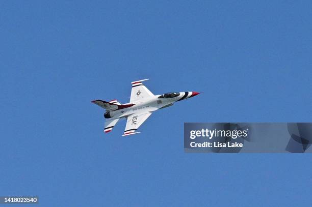 Thunderbirds perform a demonstration of flyover maneuvers during the Atlantic City Airshow on August 24, 2022 in Atlantic City, New Jersey.