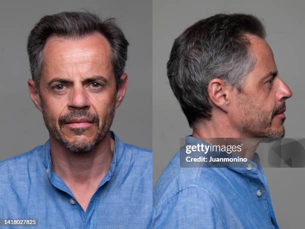 serious man front and profile mugshots - mugshot stockfoto's en -beelden