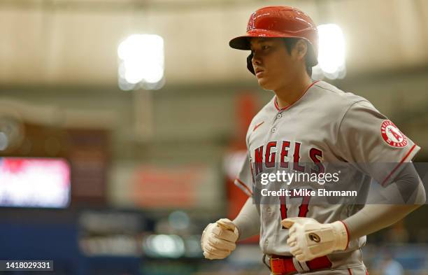 Shohei Ohtani of the Los Angeles Angels looks on during a game against the Tampa Bay Rays at Tropicana Field on August 25, 2022 in St Petersburg,...