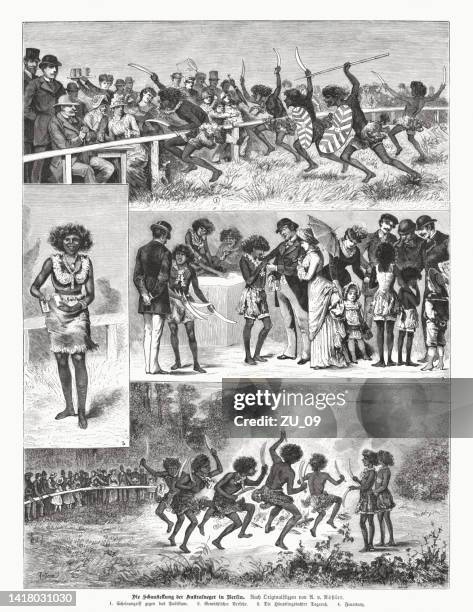 ilustrações de stock, clip art, desenhos animados e ícones de display of the australian aborigines in berlin, woodcut, published 1885 - racism