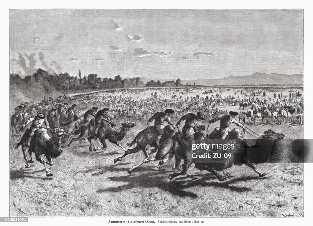 Camel race in Simferopol, Crimea, wood engraving, published in 1885