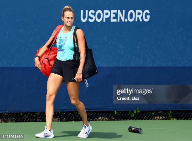 Aryna Sabalenka of Belarus walks on to the practice court before the start of the US Open at USTA Billie Jean King National Tennis Center on August...