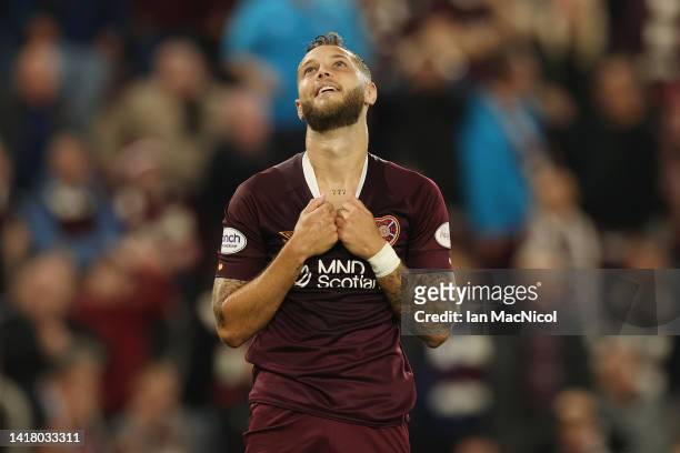 Jorge Grant of Heart of Midlothian reacts after being shown a red card by Match Referee, Lawrence Visser during the UEFA Europa League Play Off...
