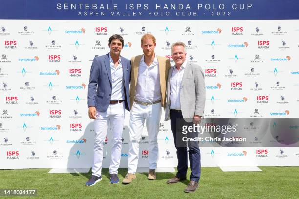 Sentebale Ambassador Nacho Figueras, Prince Harry, Duke of Sussex and Sentebale CEO Richard Miller attend the Sentebale ISPS Handa Polo Cup 2022 on...