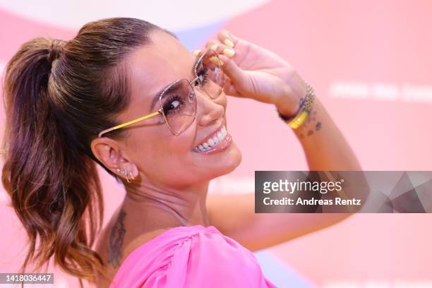 Jana Ina Zarrella attends the Jana Ina Zarrella X Eyes + More glasses launch event at Harbour Club Köln on August 25, 2022 in Cologne, Germany.
