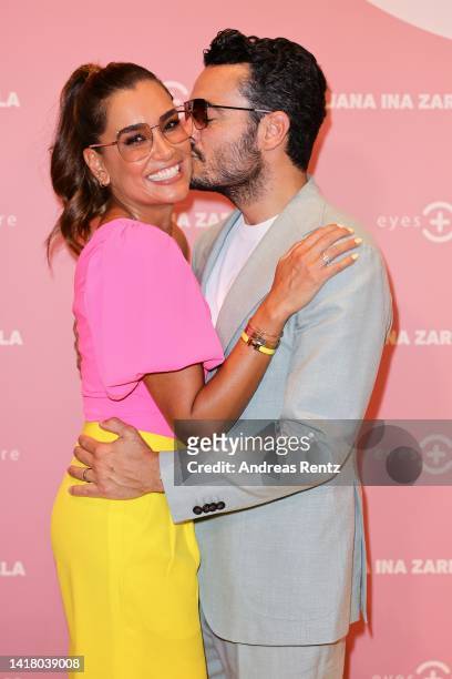 Jana Ina Zarrella and her husband Giovanni Zarrella attend the Jana Ina Zarrella X Eyes + More glasses launch event at Harbour Club Köln on August...
