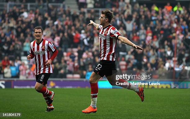 Nicklas Bendtner of Sunderland celebrates his goal during the Barclays Premier League match between Sunderland and Queens Park Rangers at Stadium of...