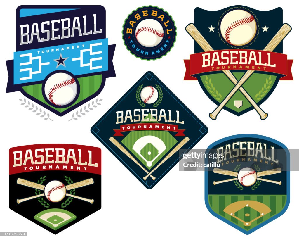 Insignia del logotipo del torneo de béisbol e ilustración de stock del escudo