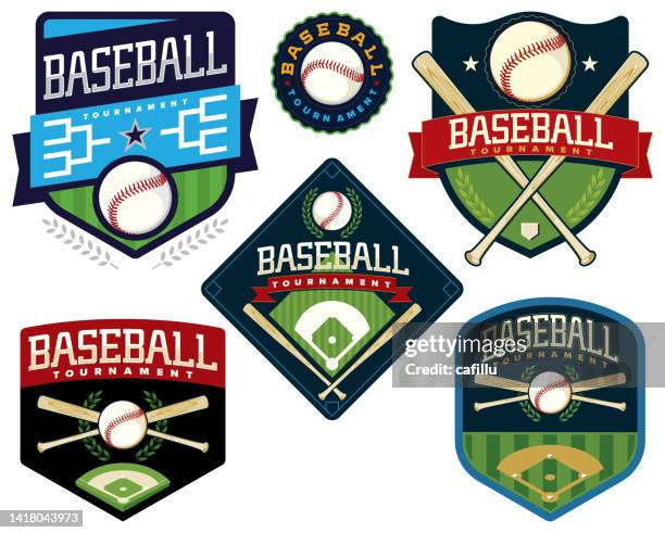 ilustrações, clipart, desenhos animados e ícones de crachá do logotipo do torneio de beisebol e ilustração de ações do shield - baseball ball