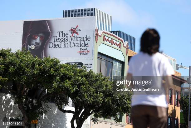 View of a billboard that a warns people about moving to Texas on August 25, 2022 in San Francisco, California. Mysterious billboards have popped up...