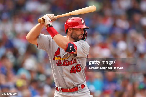 Paul Goldschmidt of the St. Louis Cardinals at bat against the Chicago Cubs during the eighth inning at Wrigley Field on August 25, 2022 in Chicago,...