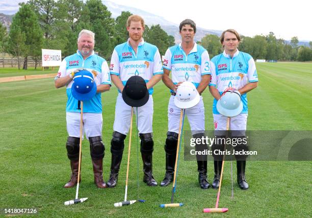 Steve Cox, Prince Harry, Duke of Sussex, Sentebale Ambassador Nacho Figueras and Grant Ganzi attend the Sentebale ISPS Handa Polo Cup 2022 on August...