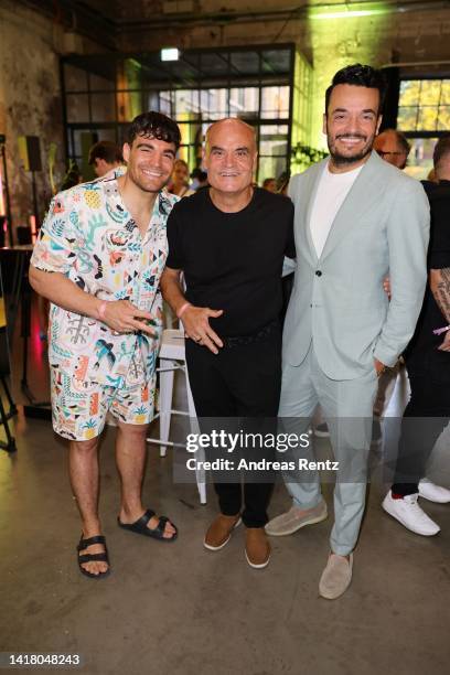 Stefano Zarrella, father Bruno Zarrella and Giovanni Zarrella attend the Jana Ina Zarrella X Eyes + More glasses launch event at Harbour Club Köln on...