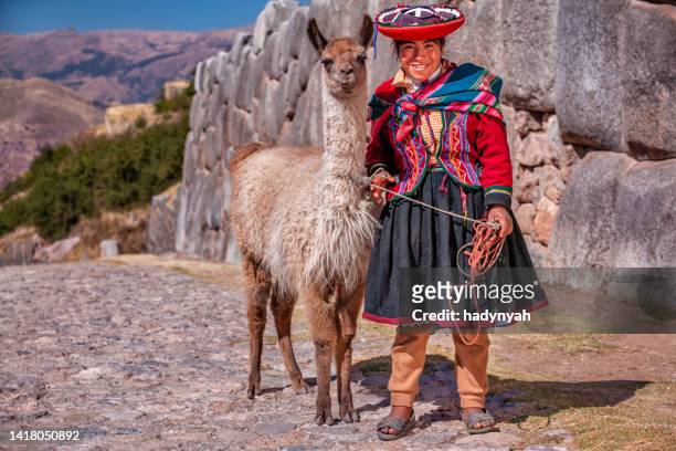 peruvian girl wearing national clothing walking with llama near cuzco - pisac imagens e fotografias de stock