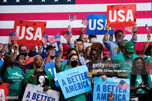 Supporters cheer at a Democratic National Committee rally at Richard Montgomery High School on August 25, 2022 in Rockville, Maryland. U.S. President...