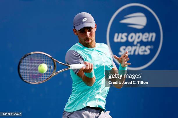 Benjamin Bonzi of France returns a shot from Botic van de Zandschulp of Netherlands during their quarterfinals match on day six of the Winston-Salem...