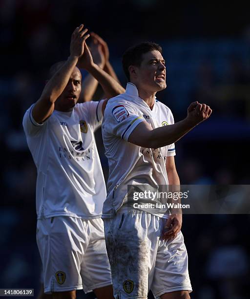 Darren O'Dea of Leeds United celebrates with Danny Webber after the npower Championship match between Millwall and Leeds United at The Den on March...