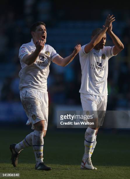 Darren O'Dea of Leeds United celebrates with Danny Webber after the npower Championship match between Millwall and Leeds United at The Den on March...
