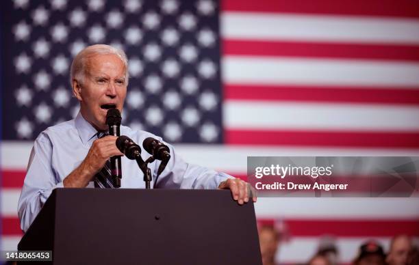 President Joe Biden speaks during a rally hosted by the Democratic National Committee at Richard Montgomery High School on August 25, 2022 in...