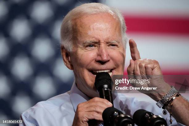 President Joe Biden speaks during a rally hosted by the Democratic National Committee at Richard Montgomery High School on August 25, 2022 in...