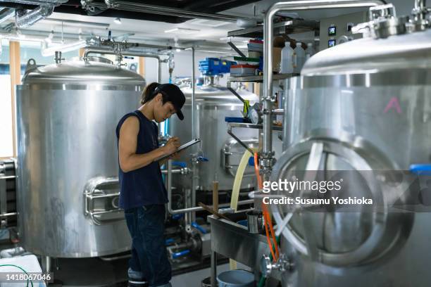 female owner and young male brewer brewing beer in a microbrewery. - 郷土料理　日本 ストックフォトと画像