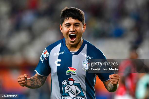 Javier Lopez of Pachuca celebrates after scoring his team's third goal during the 16th round match between Pachuca and Atlas as part of the Torneo...