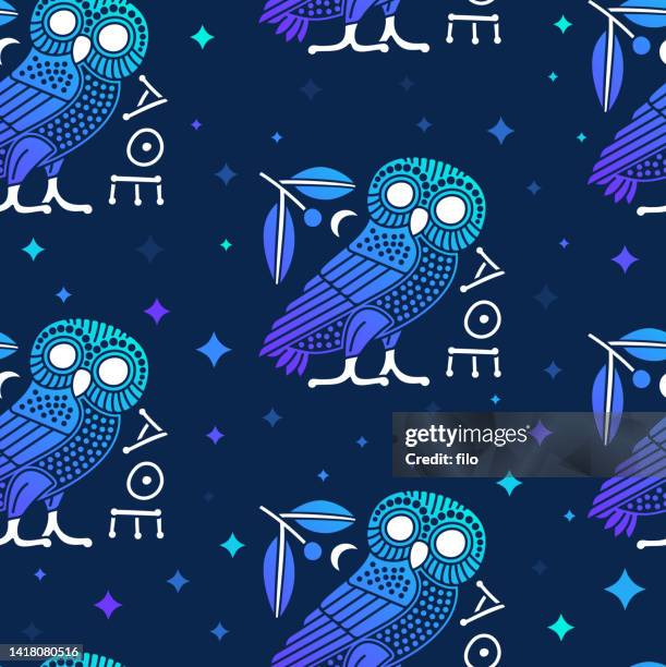 bildbanksillustrationer, clip art samt tecknat material och ikoner med seamless athenian ancient greece owl coin design pattern - rovfågel