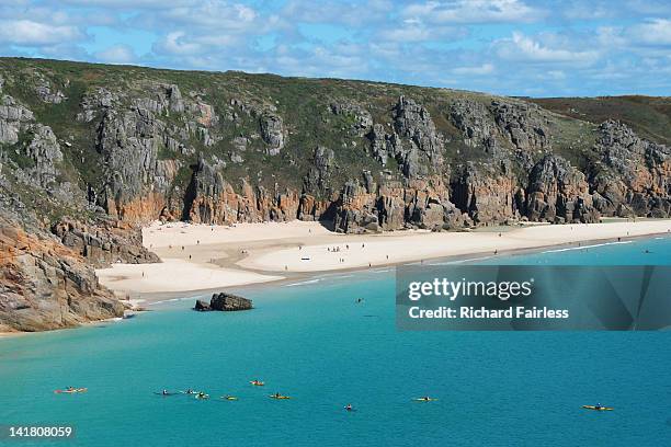 cornish coast - porthcurno bay stock pictures, royalty-free photos & images