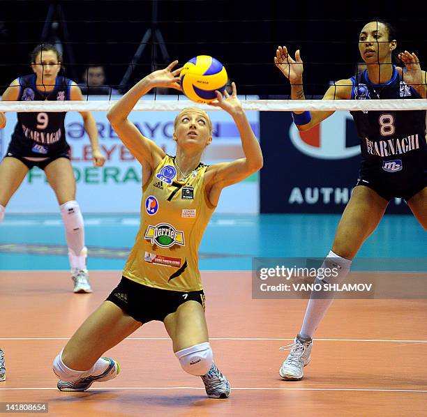 Cannes' Ana Antonijevic sets the ball during the Final four of the 2012 CEV Volleyball Champions League women semi-final match between RC Canner and...