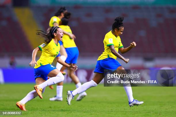 Cris of Brazil celebrates after scoring his team's first goal during a FIFA U-20 Women's World Cup Costa Rica 2022 Semi Final match between Brazil...