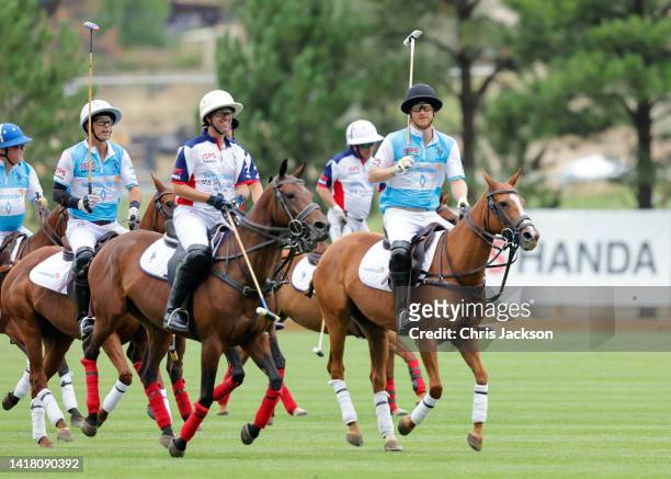 Sentebale Ambassador Nacho Figueras, Gonzalo Pieres Jnr and Prince Harry, Duke of Sussex play polo during the Sentebale ISPS Handa Polo Cup 2022 on...