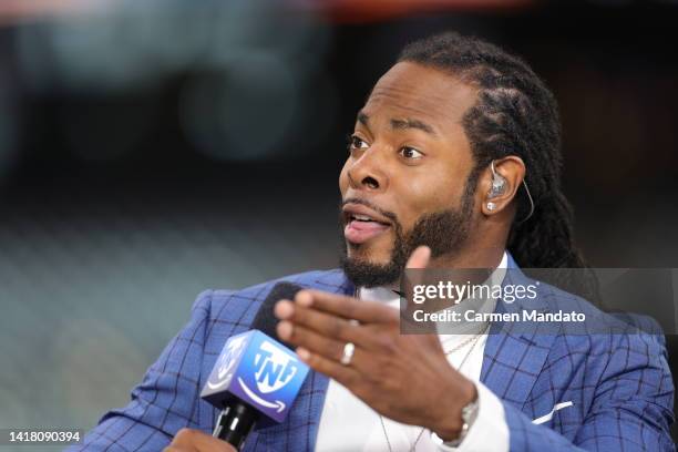 Richard Sherman is seen prior to a game between the Houston Texans and the San Francisco 49ers at NRG Stadium on August 25, 2022 in Houston, Texas.
