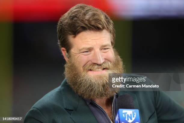 Ryan Fitzpatrick is seen prior to a game between the Houston Texans and the San Francisco 49ers at NRG Stadium on August 25, 2022 in Houston, Texas.