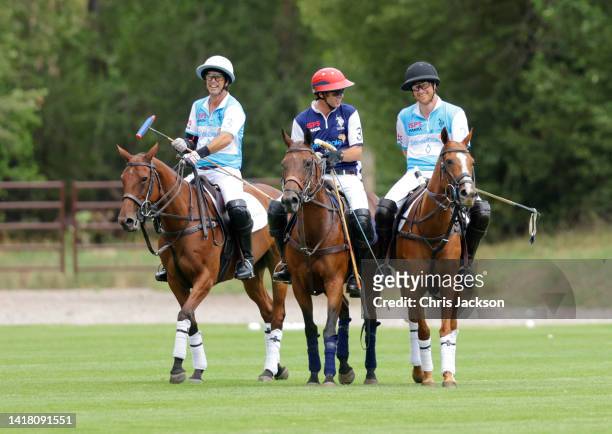 Sentebale Ambassador Nacho Figueras, Malcolm Borwick and Prince Harry, Duke of Sussex play polo during the Sentebale ISPS Handa Polo Cup 2022 on...