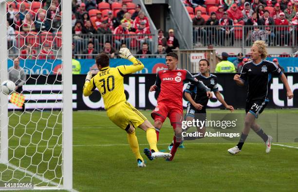 Milos Kocic of Toronto FC is scored on by Chris Wondolowski of San Jose Earthquakes in MLS action at BMO Field March 24, 2012 in Toronto, Ontario,...